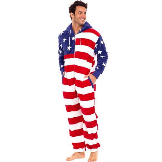 Alexander Del Rossa Warm Fleece Adult Onesie with Hood - American Flag Limited Edition